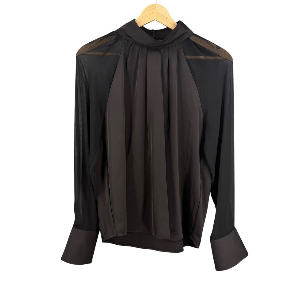 Donna Karan Blouse Black Sheer High Neck Satin‎ Panel Long Sleeve Size XS